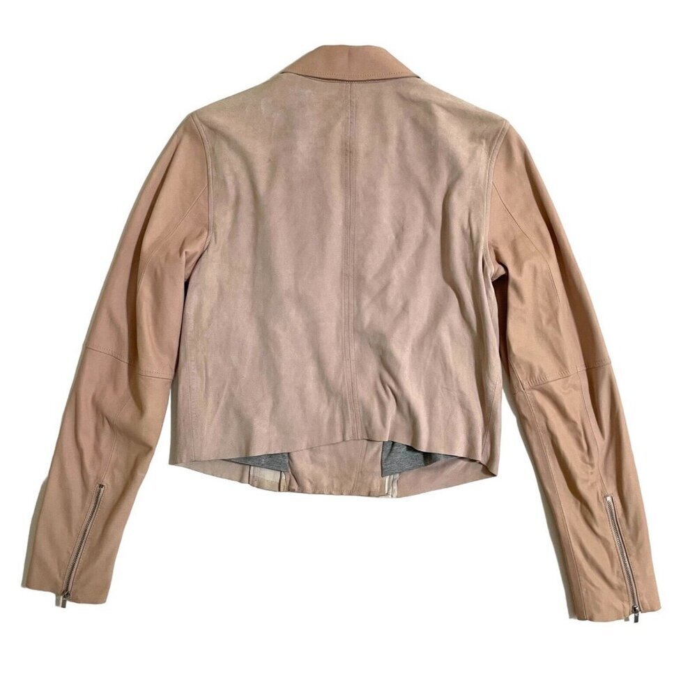 Paige Silvie Leather Moto Jacket Cropped Trim Pink Suede Leather Sz M - Picture 4 of 16